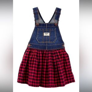 Osh Kosh B’Gosh Denim and Red Gingham Plaid Overall Skirt Dress